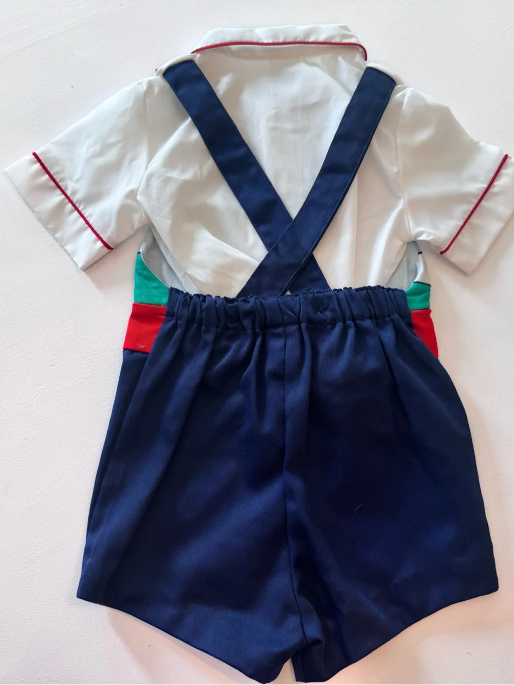 Vintage Boys Romper with Road & Car Appliqué — Navy, Red, Green, White